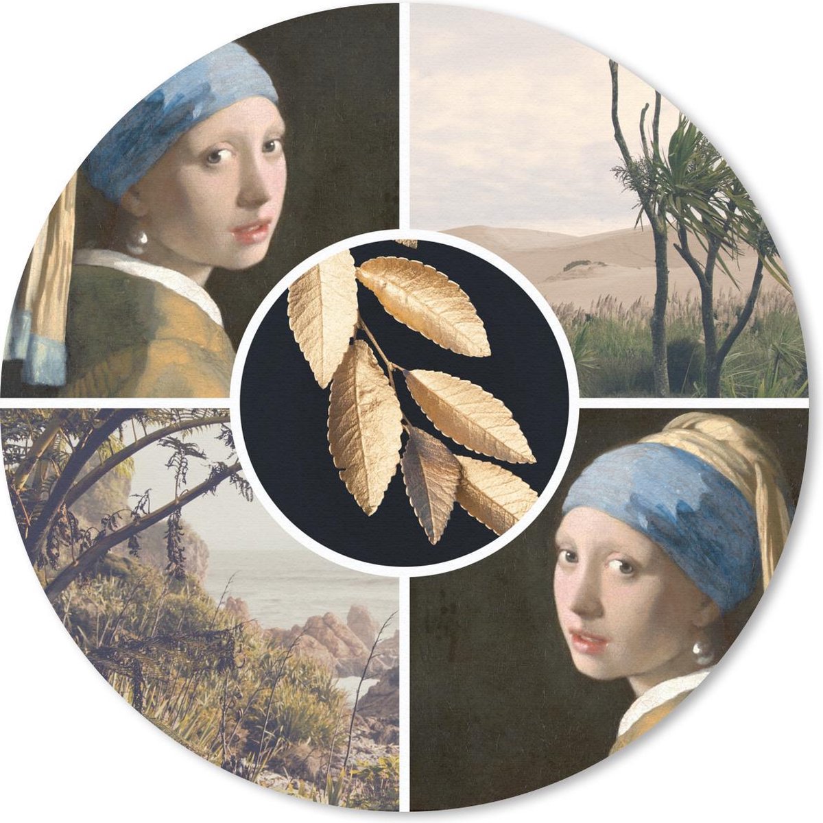 Muismat rond 50x50 cm - Mousepad Meisje met de parel - Natuur - Collage - Ronde muismatten
