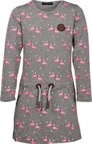 Meisjes jurk grijs flamingoprint lange mouwen | Maat 128/ 8Y