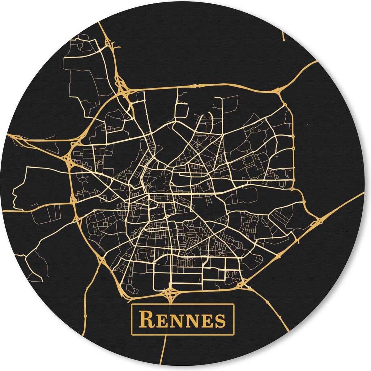Muismat rond 40x40 cm - Mousepad Kaart - Rennes - Goud - Zwart - Ronde muismatten