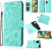 Voor Samsung Galaxy A51 Huid Voelen Reliëf Zonnebloem Horizontale Flip Lederen Case met Houder & Kaartsleuven & Portemonnee & Lanyard (Groen)