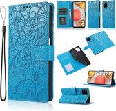 Voor Samsung Galaxy A42 5G Huid Voelen Reliëf Zonnebloem Horizontale Flip Lederen Case met Houder & Kaartsleuven & Portemonnee & Lanyard (Blauw)