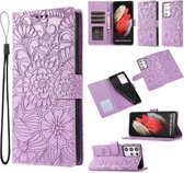 Voor Samsung Galaxy S21 Ultra 5G Huid Voelen Reliëf Zonnebloem Horizontale Flip Lederen Case met Houder & Kaartsleuven & Portemonnee & Lanyard (Paars)