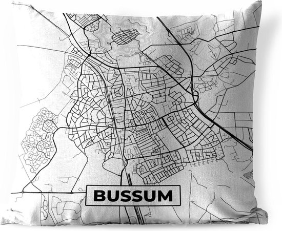 Sierkussen Buiten - Kaart - Bussum - Zwart - Wit - 60x60 cm - Weerbestendig