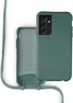 Coverzs Silicone case met koord - Telefoonhoesje met koord - Backcover hoesje met koord - touwtje - geschikt voor Samsung Galaxy S21 Ultra - donkergroen