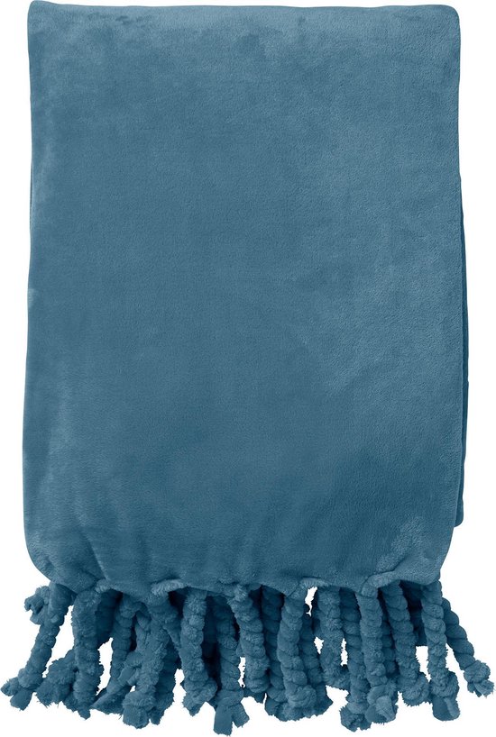 Dutch Decor - FLORIJN - Plaid 150x200 cm - grote fleece plaid met flosjes - Provincial Blue - blauw