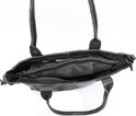 Vue de dessus d'un sac à main noir en cuir ouvert.