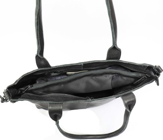 Vue de dessus d'un sac à main noir en cuir ouvert.