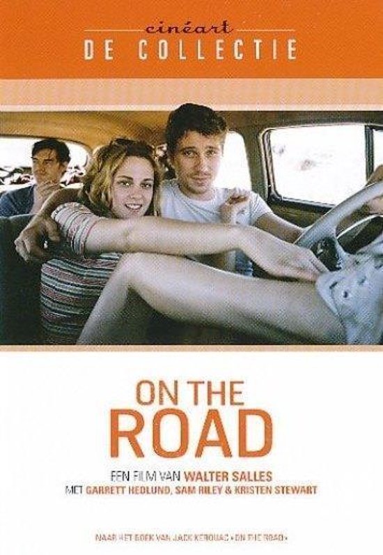 Een filmcover van 'On The Road' met Kristen Stewart en Garrett Hedlund in een auto.