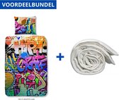 Dekbedovertrek voor Kinderen - Eenpersoons - 140x200/220cm - Inclusief 1 Kussensloop - 100% Versterkt Katoen - Graffiti + Wasbaar Microfiber Dekbed - 140x220cm - Wit