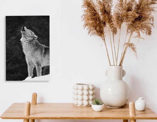 Tableau sur toile Loup hurlant gris - noir et blanc - 20x30 cm - Décoration murale