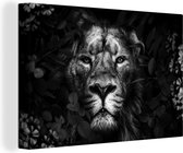 Canvas Schilderij Leeuw met bloemen en bladeren in de jungle - zwart wit - 30x20 cm - Wanddecoratie