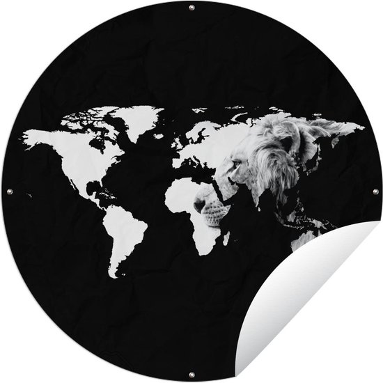 Tuincirkel Wereldkaart - Leeuw - Zwart Wit - 60x60 cm - Ronde Tuinposter - Buiten