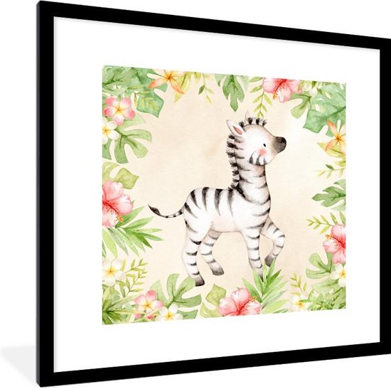 Fotolijst incl. Poster - Jungle - Zebra - Aquarelverf - 40x40 cm - Posterlijst