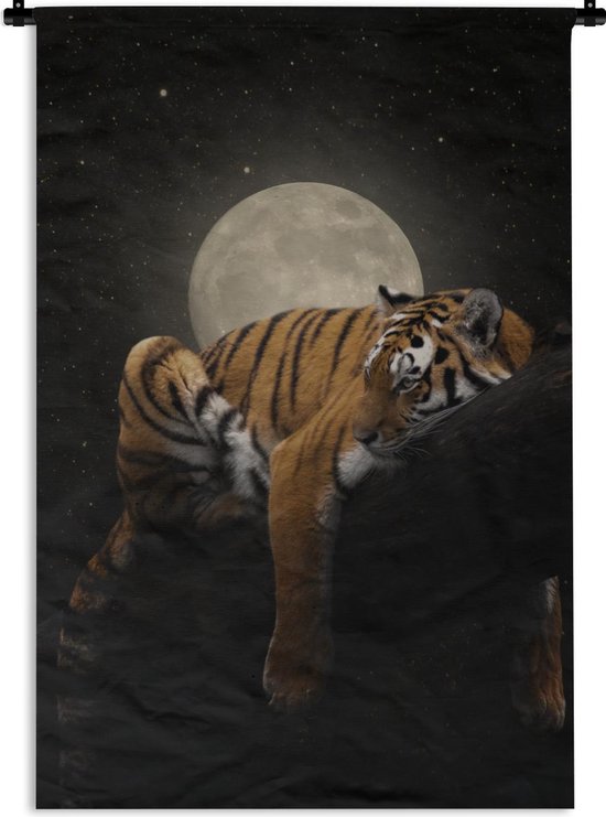 Wandkleed - Wanddoek - Tijger - Maan - Sterren - 90x135 cm - Wandtapijt