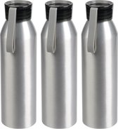 3x Stuks aluminium waterfles/drinkfles zilver met grijze kunststof schroefdop 650 ml - Sportfles - Bidon