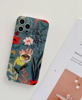 Voor iPhone 12 Frosted Flowers Pattern IMD TPU Case with Metal Diamond Ring Holder (Groen)