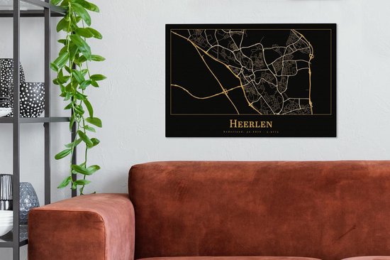 Toile Peinture Carte - Heerlen - Luxe - Or - Zwart - 90x60 cm - Décoration murale