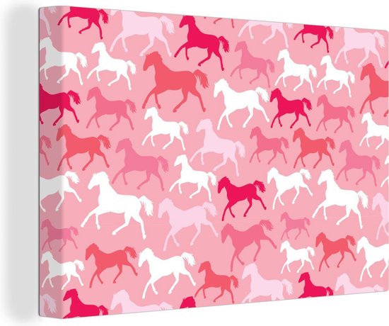 Canvas Schilderij Paarden - Roze - Dieren - Meisjes - Kinderen - Meiden - 30x20 cm - Wanddecoratie
