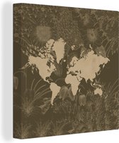 Canvas Wereldkaart - 20x20 - Wanddecoratie Wereldkaart - Planten - Bruin