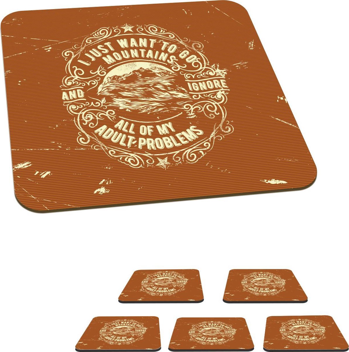 Onderzetters voor glazen - Vintage - Berg - Tekst - 10x10 cm - Glasonderzetters - 6 stuks