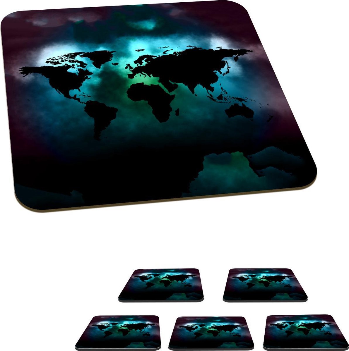 Onderzetters voor glazen - Wereldkaart - Kleuren - Zwart - 10x10 cm - Glasonderzetters - 6 stuks