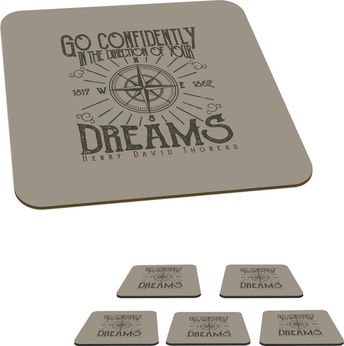 Onderzetters voor glazen - Vintage - Kompas - Dromen - 10x10 cm - Glasonderzetters - 6 stuks
