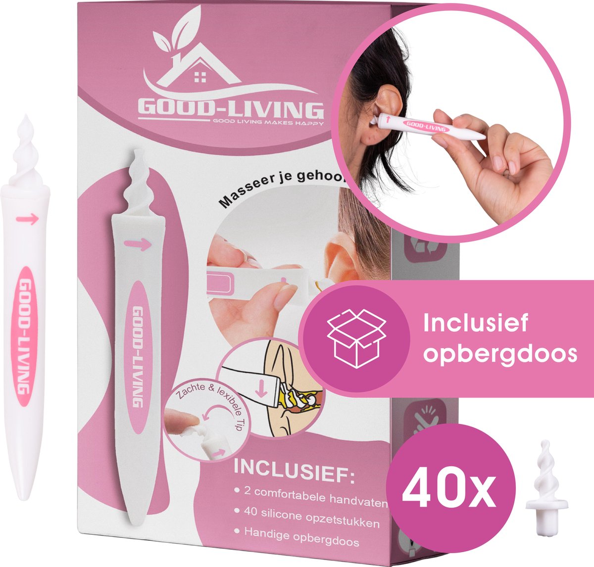 Goedkoopste Good Living® - Oorsmeer Verwijderaar - 40 opzetstukjes - incl. Opbergdoosje - Spiraal - Oorreiniger - Ear Cleaner - Roze