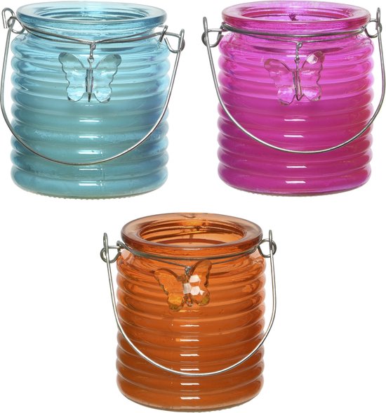 Set van 3x stuks citronella anti muggen kaarsen windlicht blauw, roze en oranje 20 branduren