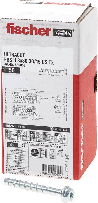 Fischer Betonschraube ULTRACUT FBS II 8x80 SK A4 Senkkopf 50 Stück