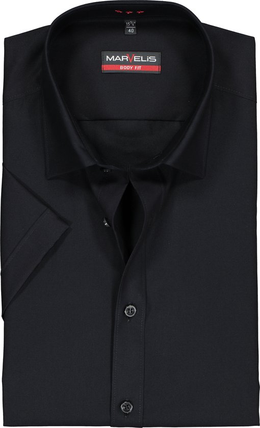 MARVELIS Body Fit overhemd korte mouwen - zwart - Strijkvriendelijk - Boordmaat: