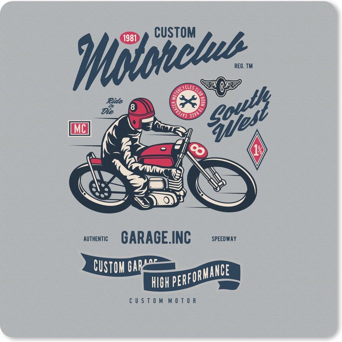 Muismat 20x20 cm - Mousepad Motorfiets - Helm - Vintage - Tekening - Muismatten