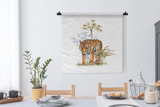 Wandkleed - Wanddoek - Tijger - Planten - Afbeelding - 90x90 cm - Wandtapijt