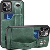 TPU + PU lederen schokbestendige beschermhoes met kaartsleuven en draagriem voor iPhone 13 Pro (groen)