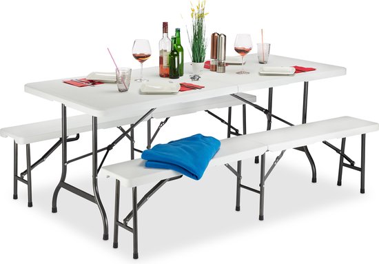 relaxdays table à bière et bancs - pliable - ensemble de table à bière - table de pique-nique pour les fêtes blanc