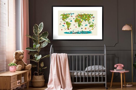 Wereldkaart Enfants - Vert - Animaux - Affiche scolaire - Chambre d'enfant - 120x80 cm