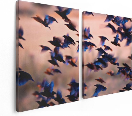 Artaza Canvas Schilderij Tweeluik Groep Vliegende Blauwe Spreeuw Vogels - 120x80 - Foto Op Canvas - Canvas Print