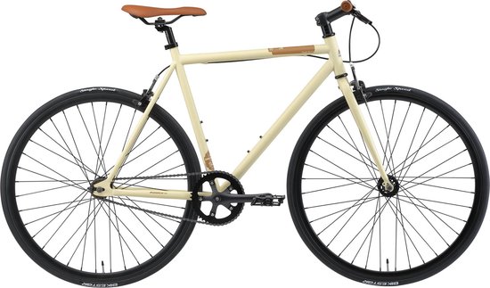 Crèmekleurige damesfiets met bruin zadel en bruine handvatten. Zwarte velgen en banden.