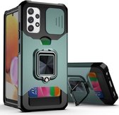 Voor Samsung Galaxy A32 4G Sliding Camera Cover Design PC + TPU Shockproof Case met Ring Houder & Card Slot (Donkergroen)