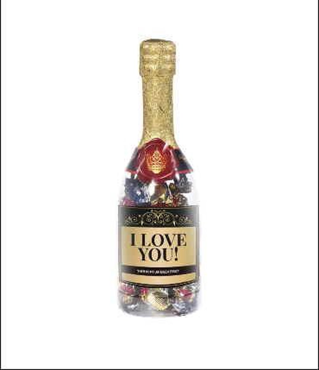 Snoep - Champagnefles - I love you - Gevuld met verpakte toffees - In cadeauverpakking