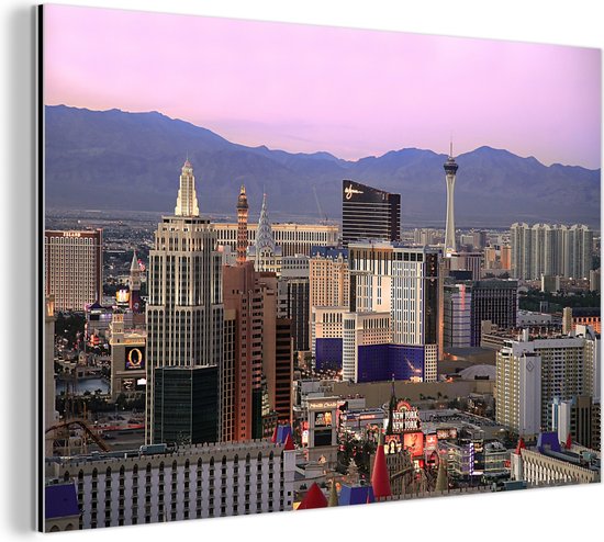 Wanddecoratie Metaal - Aluminium Schilderij Industrieel - Las Vegas - Skyline - Zonsondergang - 180x120 cm - Dibond - Foto op aluminium - Industriële muurdecoratie - Voor de woonkamer/slaapkamer