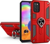 Voor Samsung Galaxy A31 koolstofvezelpatroon pc + TPU-beschermhoes met ringhouder (rood)