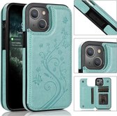 Vlinders Bloemen Dubbele gesp PU + TPU-beschermhoes met houder & kaartsleuven & fotolijst voor iPhone 13 Pro Max (groen)