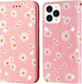 Glinsterende Daisy magnetische horizontale flip lederen hoes met houder en kaartsleuven en fotolijst voor iPhone 13 Pro (roze)