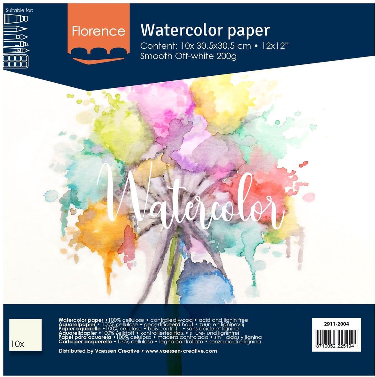 Aquarelpapier - Off White - 30,5x30,5cm - 200 grams - Gladde Structuur - Smooth - Florence - 10 vellen