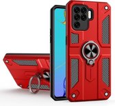 Koolstofvezelpatroon PC + TPU-beschermhoes met ringhouder voor OPPO A94 / F19 Pro / Reno5 F / Reno5 Lite (rood)