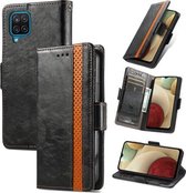 Voor Samsung Galaxy A12 Case Neo Business Splicing Dual Magnetische Gesp Horizontale Flip PU Lederen Case met Houder & Kaartsleuven & Portemonnee (Zwart)