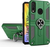 Voor Huawei Y6p koolstofvezelpatroon pc + TPU-beschermhoes met ringhouder (donkergroen)