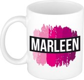 Marleen  naam cadeau mok / beker met roze verfstrepen - Cadeau collega/ moederdag/ verjaardag of als persoonlijke mok werknemers