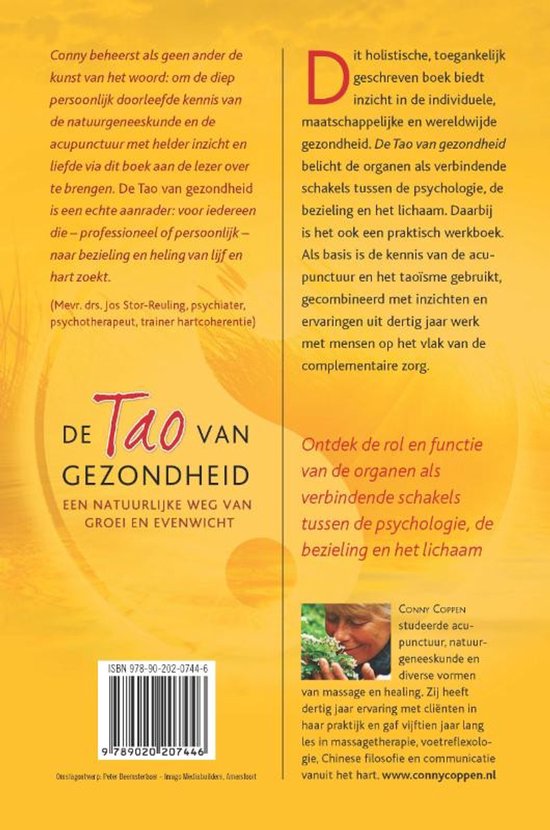 Couverture de livre avec le titre 'De Tao van Gezondheid' et un symbole yin-yang sur un fond jaune et orange.