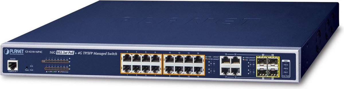PLANET GS-4210-16P4C netwerk-switch Managed L2/L4 Gigabit Ethernet (10/100/1000) Power over Ethernet (PoE) 1U Blauw